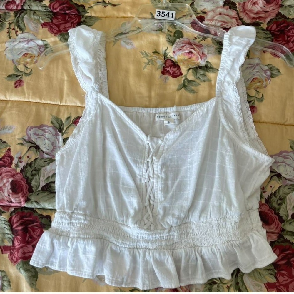 Aeropostale White Lace Up Smocked Peplum Tank Top Ruffle Strap Large